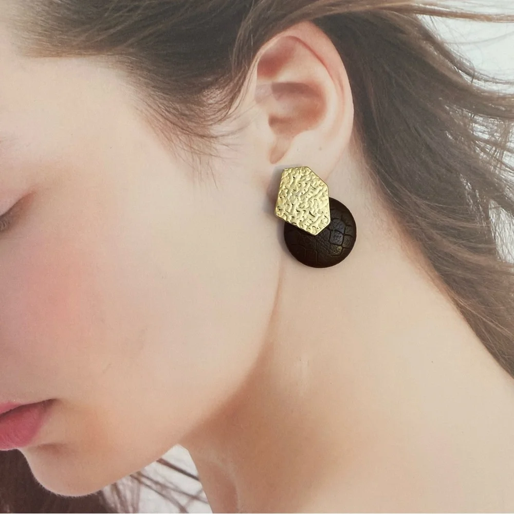 4/$15 Elegant Gold and Brown Faux Leather Earrings